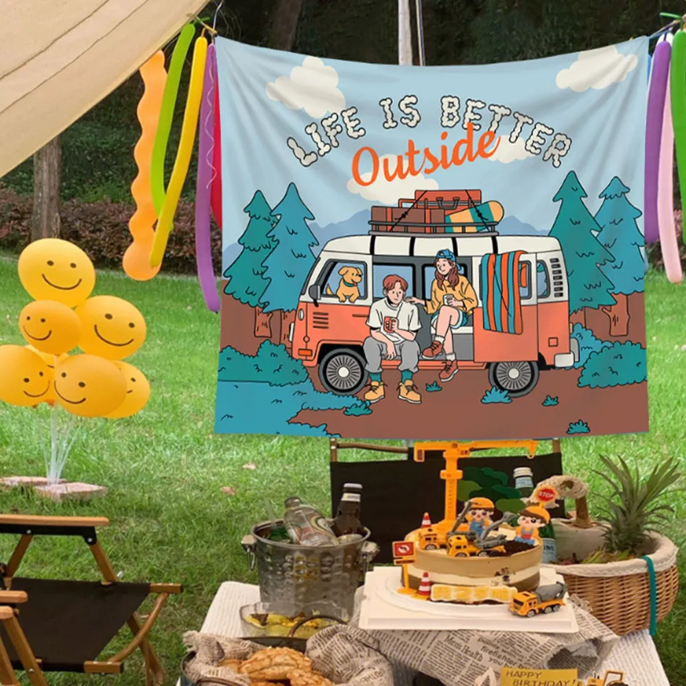 Outdoor Adventure Background - 레트로 캠핑카 태피스트리, 야외 모험 및
