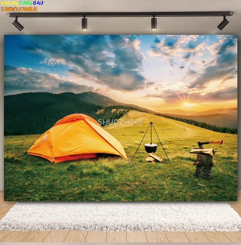 야외 숲 캠핑 배경 사진 캠프 텐트, 모닥불 산맥 호수 - Outdoor Adventure Background 리뷰 및 가격