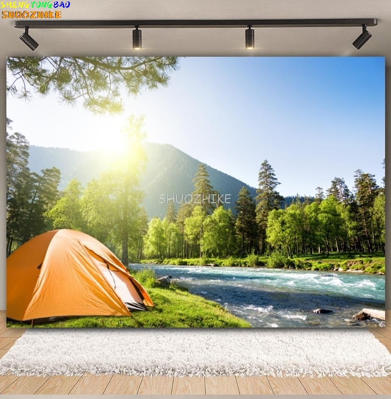 야외 숲 캠핑 배경 사진 캠프 텐트, 모닥불 산맥 호수 - Outdoor Adventure Background 리뷰 및 가격